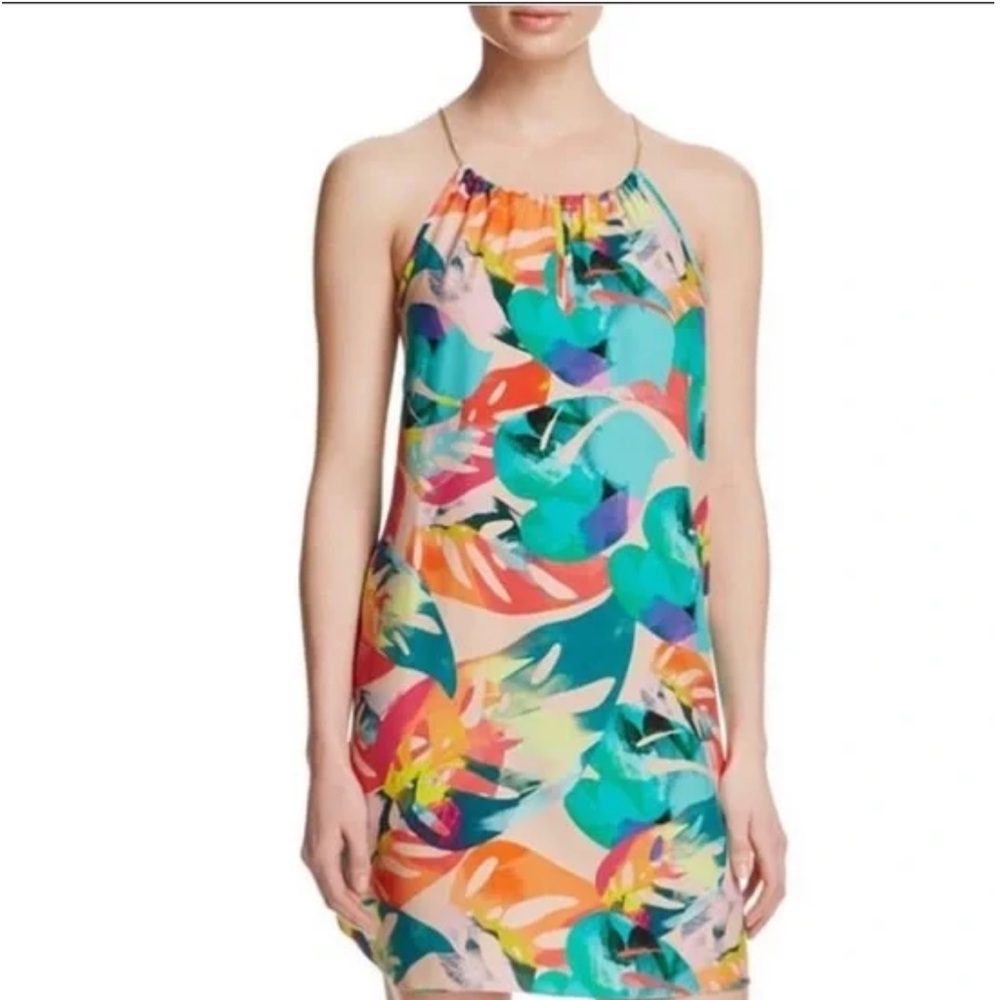 Amanda Uprichard Mulitcolor Silk Tropical Print Chain Strap Mini Dress